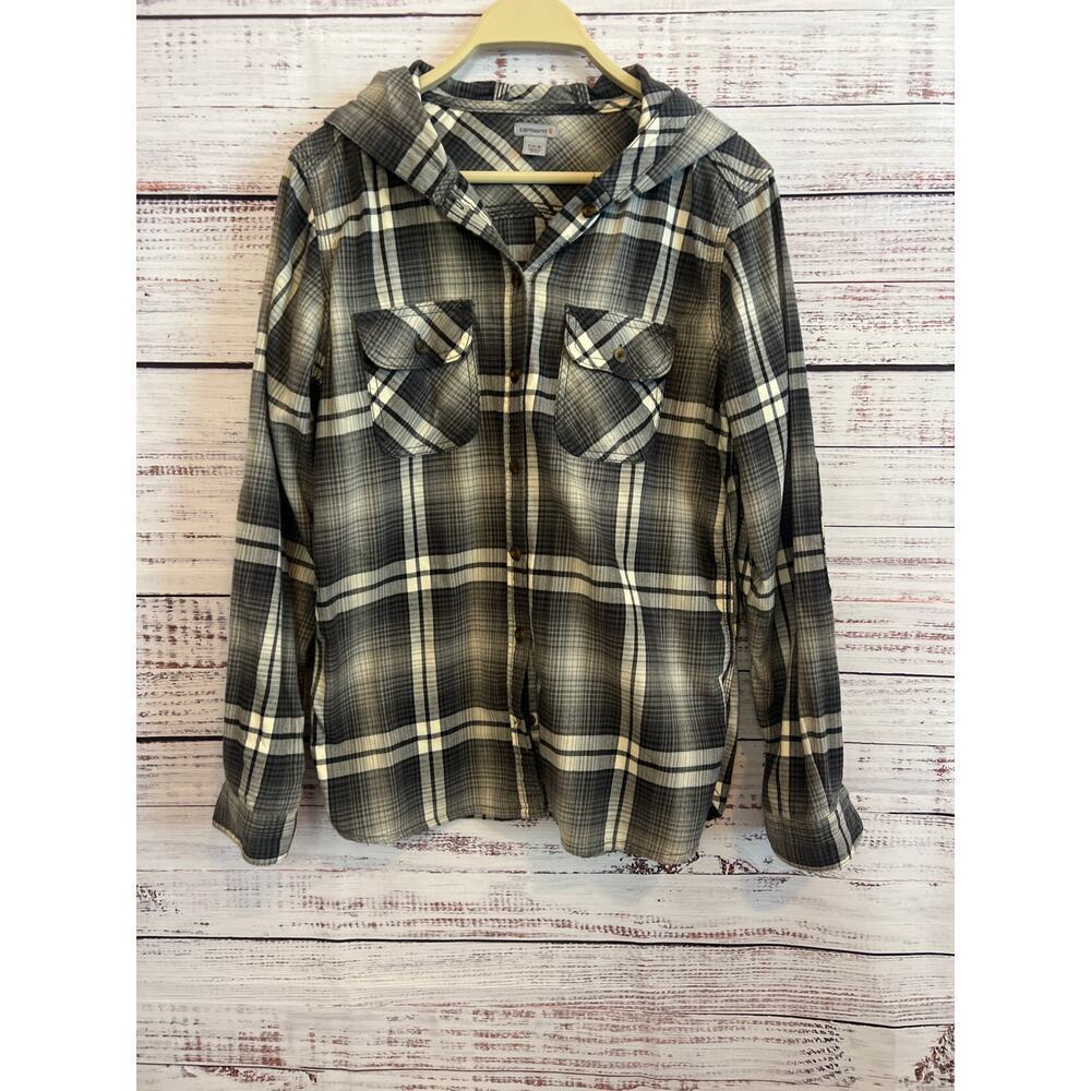 Carhartt women’s hooded flannel button up shirt, gray, and white size small 4/6
